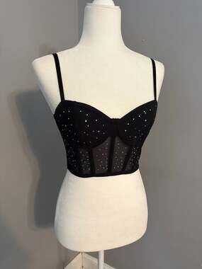 Avidlove Rhinestone Mesh Bustier Lingerie Top Black Size S
